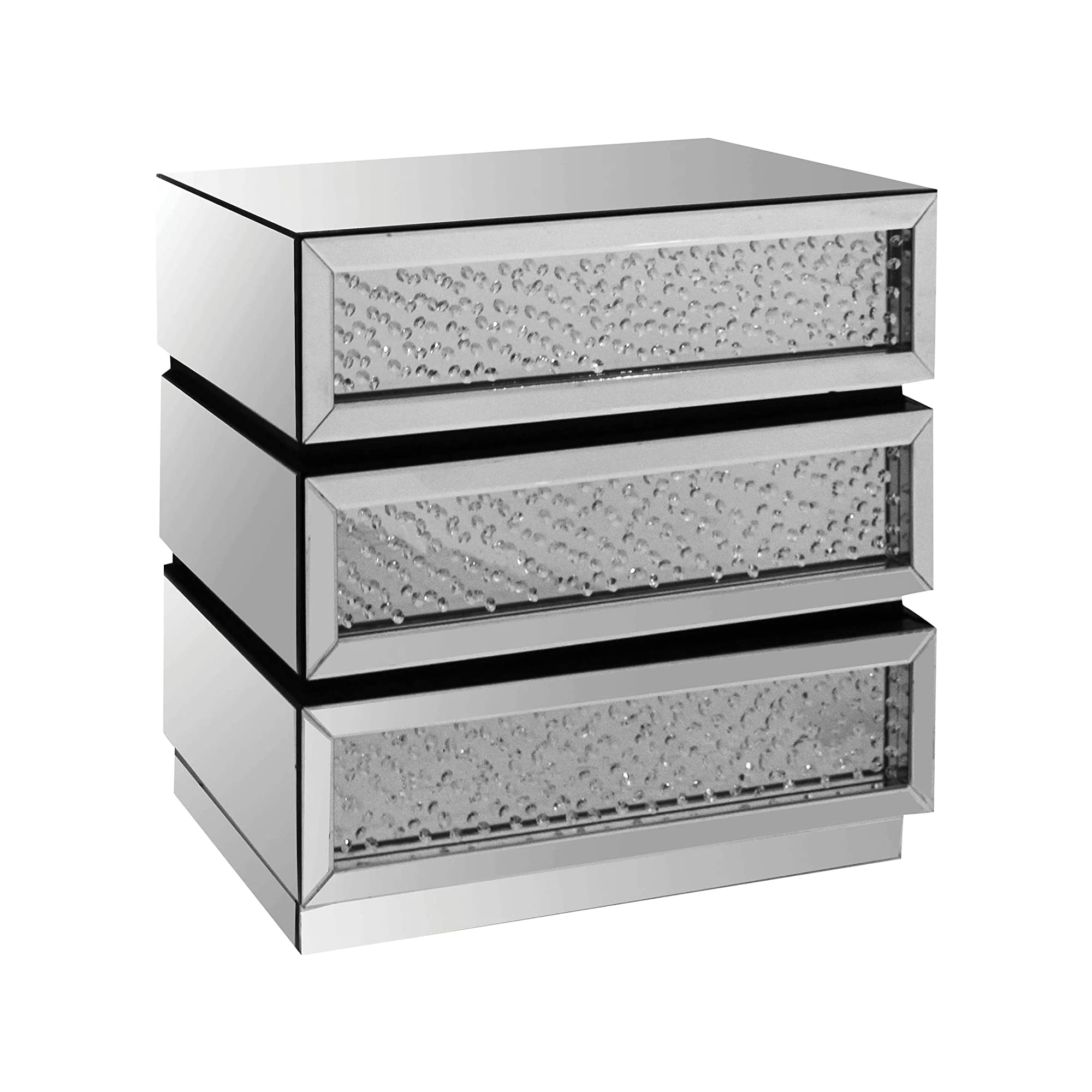 Benjara Pali 32 Inch Modern Nightstand Dresser Table, Faux Crystals, Mirror, Silver